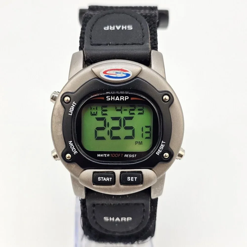 VTG Sharp Men's Digital Watch 40MM Large Gray Case Black Canvas Band New Battery
